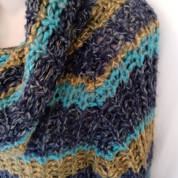 Gorgeous Cowl Neck Open Knit Chunky Sweater Turquoise Blue & Green W Gold Flecks - Picture 3 of 12